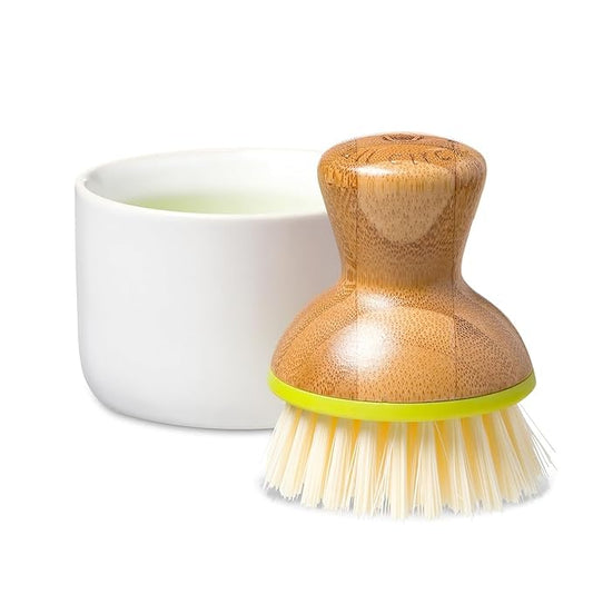 Full Circle Bubble Up Bamboo Dish Brush & Ceramic Soap Dispenser – Family Safe, Formaldehyde-Free – Kitchen Scrub Brush for Dishes, Nonstick & Cast Iron, White