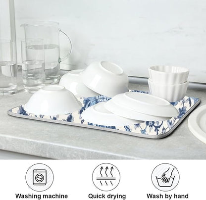 Dish Drying Mat Kitchen Counter Absorbent Blue and White Pattern Coffee Sink Mat Dish Drainer Pad 18 Inch x 24 Inch