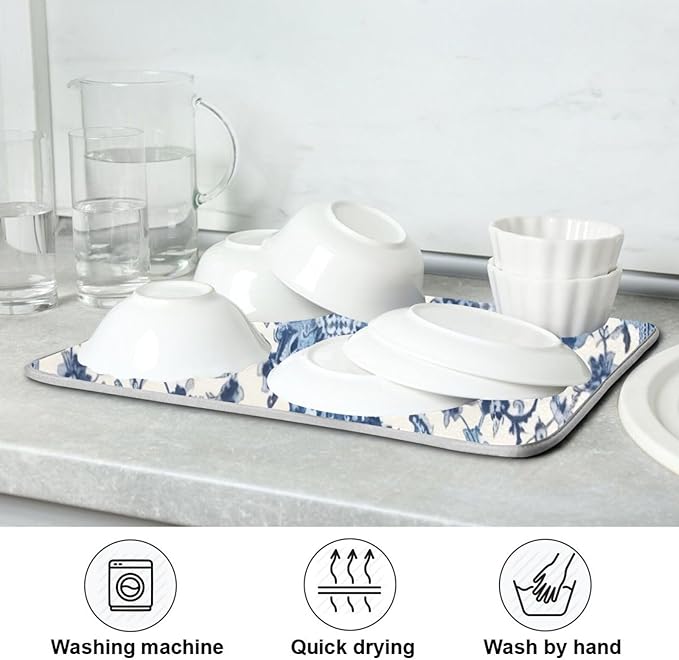 Dish Drying Mat Kitchen Counter Absorbent Blue and White Pattern Coffee Sink Mat Dish Drainer Pad 18 Inch x 16 Inch