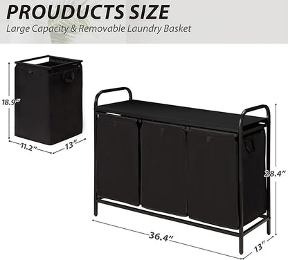 3 Section Laundry Hamper with Shelf, Laundry Basket Organizer with 3 Pull-Out Removable Bags 3×12.3Gal(46.6L), Laundry Sorter for Clothes Organization in Bedroom, Laundry Room, Black
