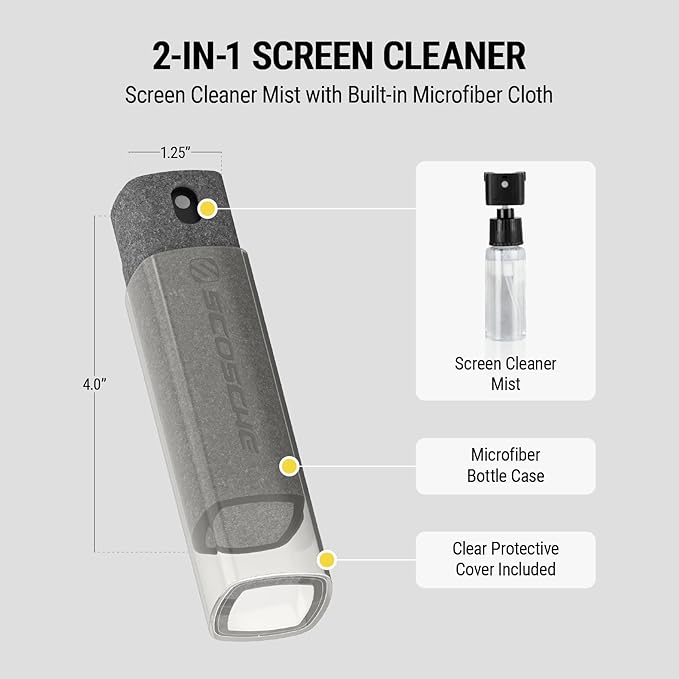 Scosche SCOCLNR 2-in-1 Streak-Free Screen Cleaning Kit, Refillable Electronic Screen Cleaner Spray and Wipe for TV, Computer, Phone, iPhone, iPad, Laptop, MacBook, Car Touchscreen, 5 Pack