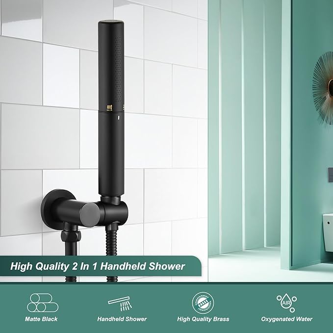 Heyalan Brass 2 in1 Function Handheld Spray Hand Shower High Pressure Handheld Sprinklert Shower Wand with Shower Hose and Adjustable Hand Shower Holder, Matte Black