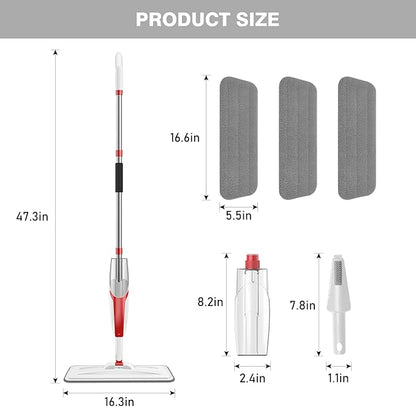nacena Spray Mop for Floor Cleaning, Dust Mop with 420 ml Refillable Bottle and 3 Pcs Washable Pads Dry Wet Floor Mop for Household or Commercial Use for Hardwood Laminate Tile Ceramic, Red&White