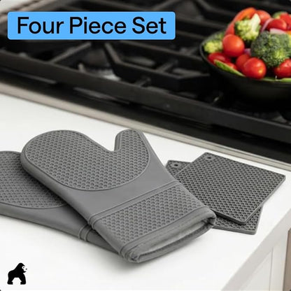 GORILLA GRIP BPA-Free Soft Silicone Oven Mitts and Pot Holders Sets of 4, Heat Resistant Waterproof Cooking Gloves, Thick Cotton Lining, Flexible Gripping for Baking Grilling, Kitchen Trivets, Gray