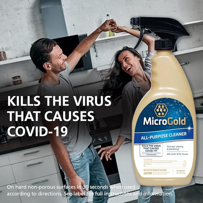 MicroGold All-Purpose Cleaner Spray Kills 99.9% of Bacteria and Viruses Bleach Free for Use in Kitchens and Bathrooms, 24 Fluid Ounces, 1 Pack