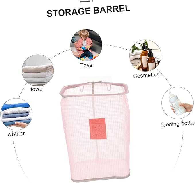 Wall-Mounted Foldable Laundry Basket Pink Mesh Clothes Storage Organizer with Nail-Free Hook for Home Use Space-Saving Design for Bathroom and Bedroom