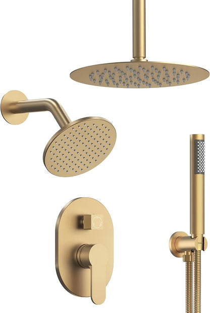 10" Dual Rainfall Shower Head Faucet Set with Handheld Sprayer, Round Rainfall Shower System, Brushed Gold