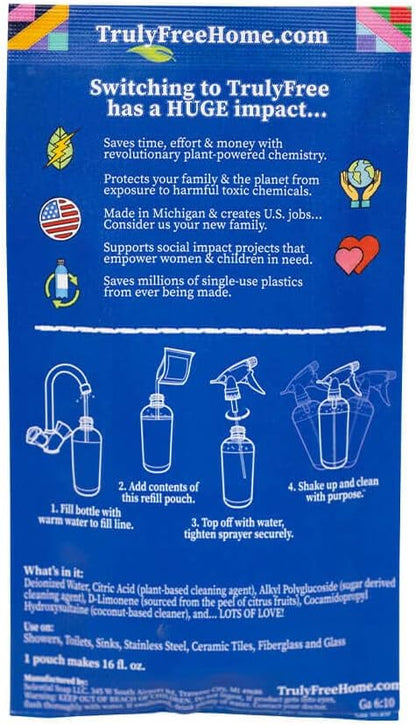 Truly Free All Natural Non-Toxic Bathroom Cleaner Spray, Organic Bath & Tile Cleaning Solution for Toilet, Sink, Tub & Shower, Refillable 2-Pack with 16oz Bottle + 2 Refill Pouches