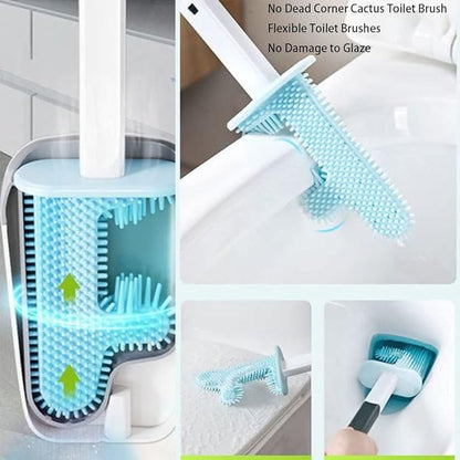 No Dead Corner Cactus Toilet Brush Silicone Toilet Brush and Holder Set Flexible Toilet Brushes for Bathroom Toilet Bowl Cleaner Brush with Base Long-Handled Toilet Brush for Deep Cleaning (White)