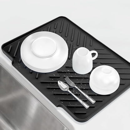 Silicone Dish Drying Mat for Kitchen Counter Essentials with Wider Drain Spout, Non-Slip Heat Resistant Dish Drying Pad with Hanging Hole for Sink RV Camper Travel Multipurpose Drainer Mat Black