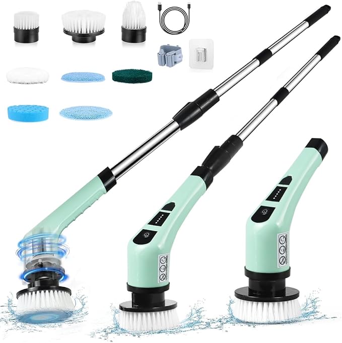 Electric Spin Scrubber,Cordless Cleaning Brush Spin Scrubber,Power Scrubber 2 Adjustable Speeds,7 Replaceable Brush Heads (Green)