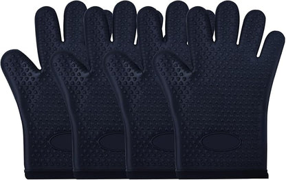 Silicone Oven Mitts Heat,2 Pair Non-Slip Five-Finger Oven Gloves, Waterproof Flexible BBQ Grilling Gloves with Hanging Loops, Kitchen Mitts for Baking Cooking Frying (Black)