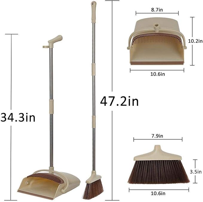 Broom and Dustpan Set Upright Self-Cleaning Sweeping Standing Set Use for Office Kitchen Home and Lobby Broom and Dustpan Combo (Beige)