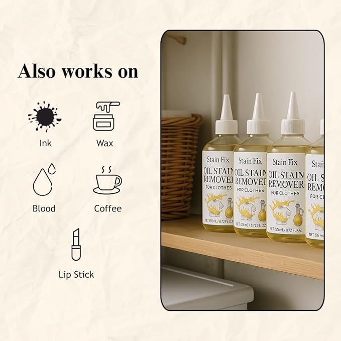 Oil Stain Remover for Clothes (8.72oz) - Fabric Stain Remover For Cooking, Engine, Dried Oil And Grease Stains - Safe for All Fabric Types