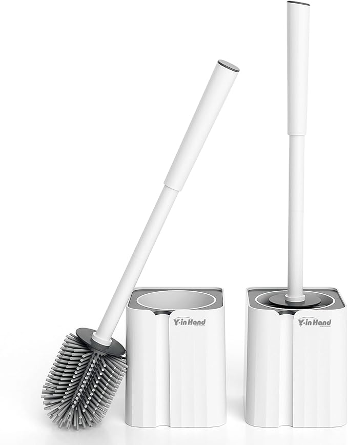 Y-in Hand 2 Pack Silicone Toilet Brush, Soft Toilet Bowl Cleaner Brush Set for Deep Cleaning. Bathroom Accessories with Long Handle, Wall mountable. - White