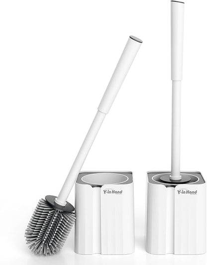 Y-in Hand 2 Pack Silicone Toilet Brush, Soft Toilet Bowl Cleaner Brush Set for Deep Cleaning. Bathroom Accessories with Long Handle, Wall mountable. - White