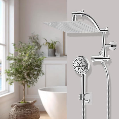 Hibbent All Metal cUPC Certified Shower Head, 10'' High Pressure Rainfall Shower Head, Handheld Showerhead Combo with 16'' Adjustable Extension Arm, 10 Sprays, 71'' Hose, Showerhead Holder, Chrome