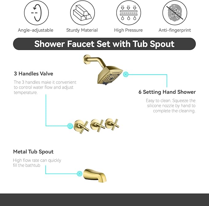 3 Handle Shower Faucet Set with Tub Spout 6-Spray Shower Head and Handle Set Shower Trim Kit with Rough-in Valve Bathroom Shower Faucet Valve Trim Kit Shower System Brushed Gold