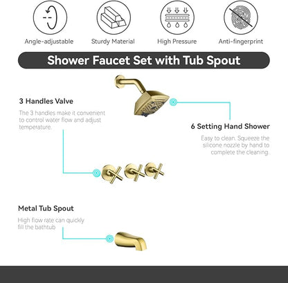 3 Handle Shower Faucet Set with Tub Spout 6-Spray Shower Head and Handle Set Shower Trim Kit with Rough-in Valve Bathroom Shower Faucet Valve Trim Kit Shower System Brushed Gold
