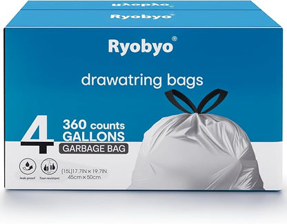 Small Trash Bags 4 Gallon Drawstring- 360 Counts 4 Gallon Trash Bag Extra Strong, Small Garbage Bags Unscented, Stretchy, Quick Cinch for Bathroom Kitchen, White