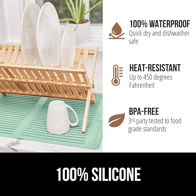 GORILLA GRIP 100% BPA-Free Patented Silicone Dish Drying Mat for Kitchen Counter, 18x16 Inch, Water Catching Ribbed Design, Easy Clean Waterproof Sink Liner, Heat Resistant, Fits Under Rack, Mint