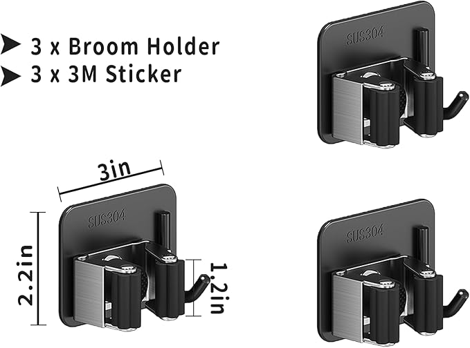 Broom Holder Wall Mount,Mop and Broom Holder Wall Mount Command,3pcs Garden Tool Organizer,304 Stainless (Black)