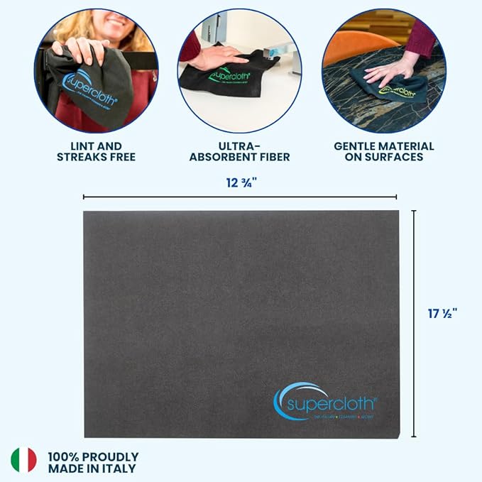 Supercloth® Premium Microfiber Cleaning Cloth for All-Purpose, Lasts Over 5 Years, Glasses Cleaning Cloth, Microfiber Cloth for Cars, Magic Reusable Cloth Streak-Free 100% Made in Italy (2pk)