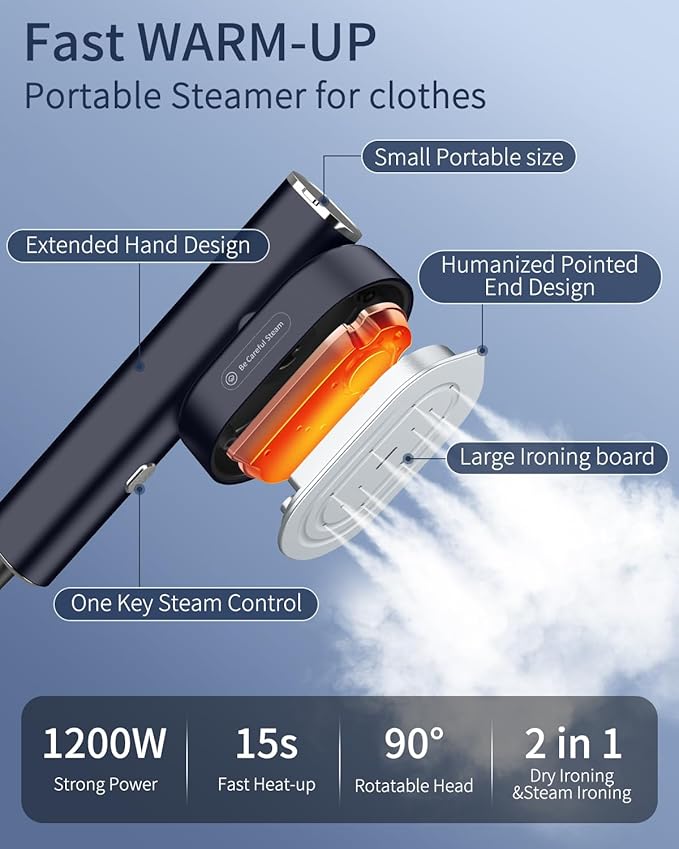 Clothes Steamer, 1200W Clothing Steamer, Hand Held Steamer Fast Wrinkle Removal, Lightweight Mini Clothes Iron, Travel Steamer for Clothes, Compact Hand Steamer for Home- Black, 110-120V
