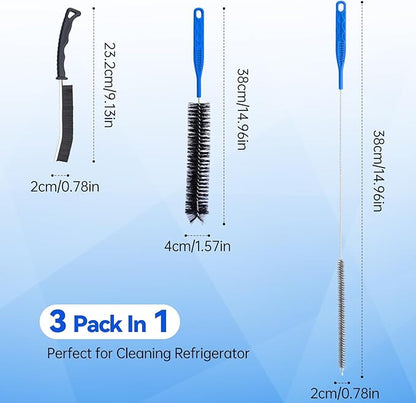 3 PCS Refrigerator Coil Cleaning Brush, Flexible Cleaner Brush Set for Refrigerator Coil, Multi-Use Lint and Dust Remover, with Crevice, Long and Detailing Brushes, Cleaning Tool Set