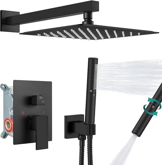 Aolemi Shower Faucet Set, High Pressure Shower System with 2-in-1 Handheld Sprayer, Wall Mount Fixture Combo with Rough-in Valve, 12 Inch Shower Head, Matte Black