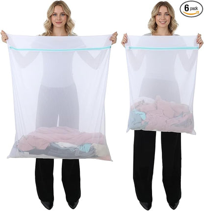 6 Pcs Extra Large Mesh Laundry Bags for Delicates, 43 x 35 and 24 x 32 Inches Jumbo Mesh Wash Dryer Bag Zippered for Washer Dryer Net Bed Sheet Blanket Underwear Lingerie Garment Travel Storage
