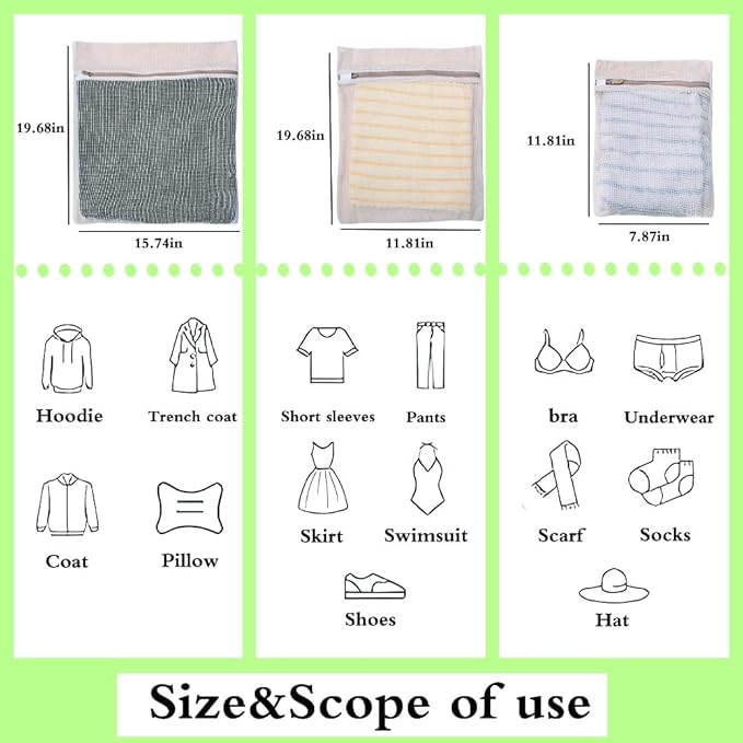 6-Pack Laundry Bags, Durable Cotton Mesh with Sturdy Zipper, Breathable Mesh Fabric, Ideal for Washing Underwear, Pants, Shoes, Socks and Delicate Garments