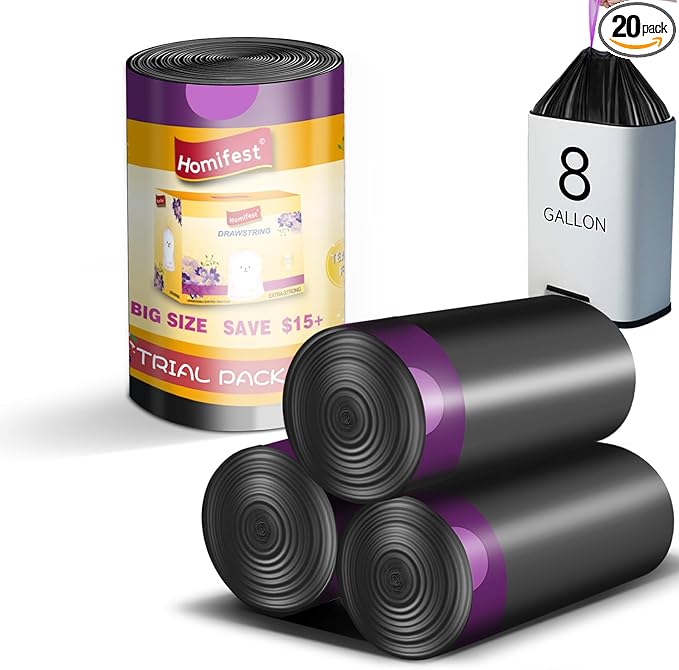 8 Gallon Drawstring Trash Bags,20 Count Black