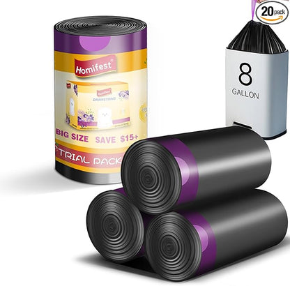 8 Gallon Drawstring Trash Bags,20 Count Black