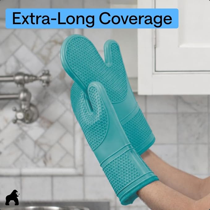 GORILLA GRIP BPA-Free Soft Silicone Oven Mitts, Heat Resistant and Waterproof Cooking Gloves, Thick Cotton Lining, Flexible Gripping for Baking Grilling, Kitchen Potholders Set, 12.5x8.3, Turquoise