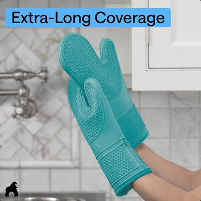 GORILLA GRIP BPA-Free Soft Silicone Oven Mitts, Heat Resistant and Waterproof Cooking Gloves, Thick Cotton Lining, Flexible Gripping for Baking Grilling, Kitchen Potholders Set, 12.5x8.3, Turquoise