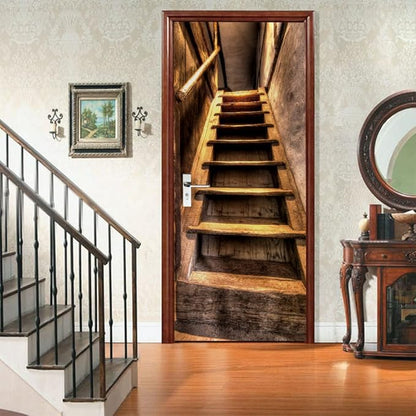 3D Door Stickers Murals Peel and Stick - Wooden Stairs Wallpaper Self-Adhesive Decals Removable PVC Waterproof Poster for Bedroom Living Room 33.9" x 78.7"
