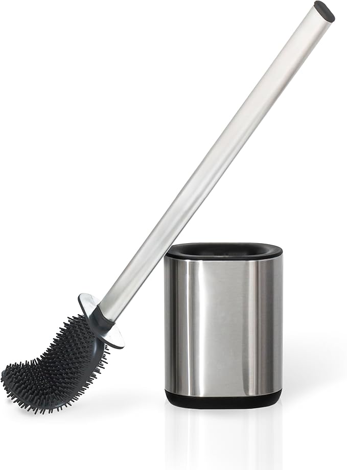Toilet Brush and Holder Set Toilet Cleaning Brush with Silicone Bristles for Bathroom Stainless Steel Flexible Compact Toilet Bowl Brush (1, Stainless Steel)