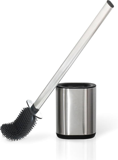 Toilet Brush and Holder Set Toilet Cleaning Brush with Silicone Bristles for Bathroom Stainless Steel Flexible Compact Toilet Bowl Brush (1, Stainless Steel)