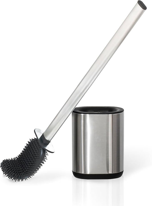 Toilet Brush and Holder Set Toilet Cleaning Brush with Silicone Bristles for Bathroom Stainless Steel Flexible Compact Toilet Bowl Brush (1, Stainless Steel)