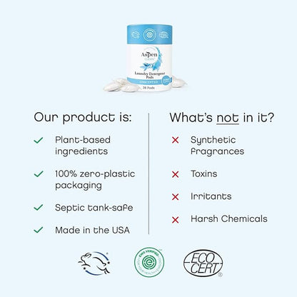 AspenClean | Laundry Pods | Unscented | Clean Detergent for Sensitive Skin | Zero Plastic | Non - Toxic | 100% Natural | EWG Verified - 36 Count