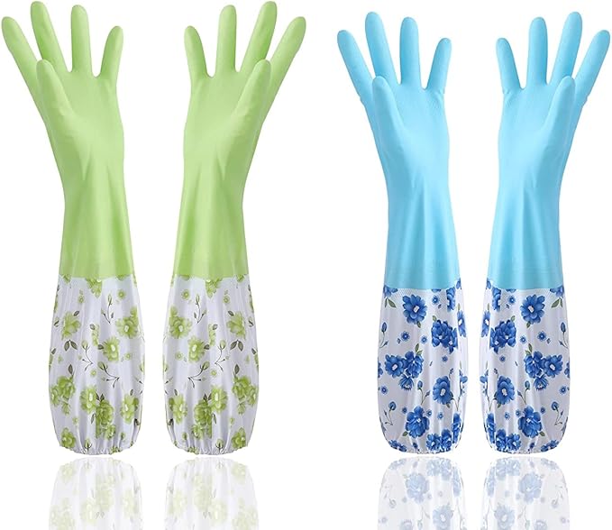 Reusable Waterproof Household Latex Gloves | Ideal for Kitchen Dishwashing, Laundry, Cleaning, Gardening, and Sanitation | 2 Pairs (Blue & Green)