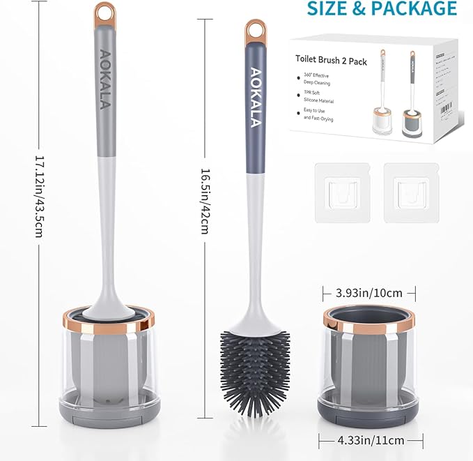 Silicone Toilet Brush Set, 2 Pack Toilet Bowl Brush and Holder with Tweezers Long Handle, Toilet Cleaner Brush for Bathroom Deep Cleaning, Elegant Toilet Scrubber Bathroom Decor Accessories