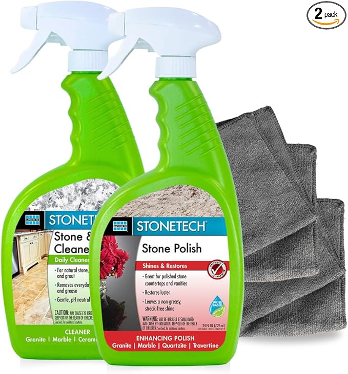 StoneTech Stone & Tile Cleaner and Stone Polish Duo – Daily Cleaner & Polish for Granite, Marble, Quartzite, Travertine – Removes Dirt & Restores Shine – 2 Microfiber Cloths – Fresh Scent