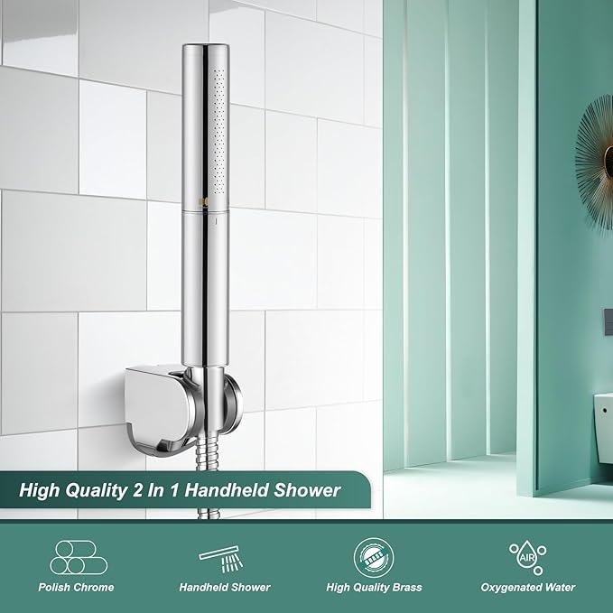 Heyalan Brass 2 in1 Function Handheld Spray Hand Shower High Pressure Handheld Sprinklert Shower Wand with Shower Hose and ABS Hand Shower Holder, Polished Chrome