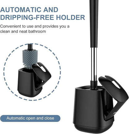 SetSail Silicone Toilet Bowl Brush and Holder Automatic Toilet Brushes for Bathroom with Holder Ventilated Toilet Cleaner Brush for Toilet Scrubber Cleaning - Black (2 Packs)