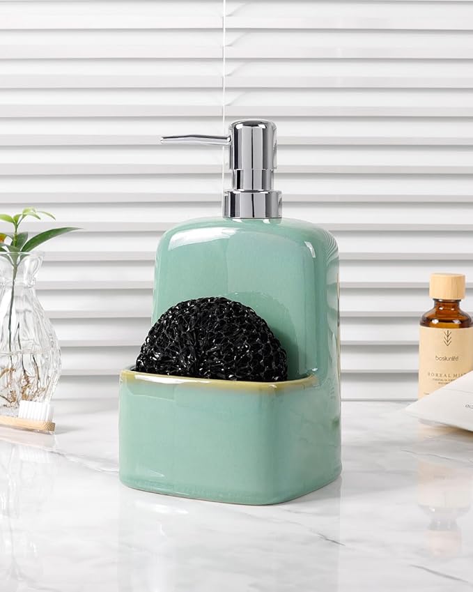 BosilunLife Dish Soap Dispenser - Sage Green Ceramic Kitchen Soap Dispenser with Sponge Holder Matte Ceramic Soap Daddy Dispenser 20oz for Kitchen Soap Pump and Sponges Caddy