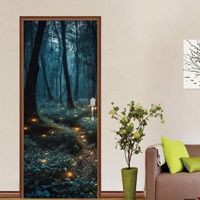 REDAMANCY Mystic Forest Tree Mushroom Firebee Peel and Stick Door Stickers Vinyl 3D Door Mural Decals Decor Wallpaper Self-Adhesive, Waterproof, Removable