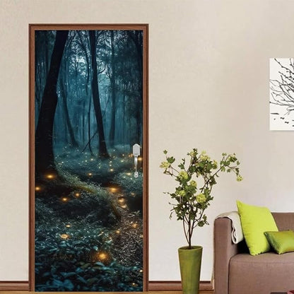 REDAMANCY Mystic Forest Tree Mushroom Firebee Peel and Stick Door Stickers Vinyl 3D Door Mural Decals Decor Wallpaper Self-Adhesive, Waterproof, Removable
