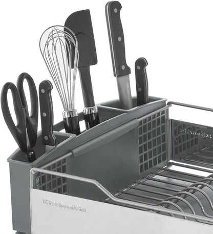 KitchenAid Large Capacity Full Size Rust Resistant Dish Rack with Angled Drain Board and Removable Flatware Caddy, Light Grey
